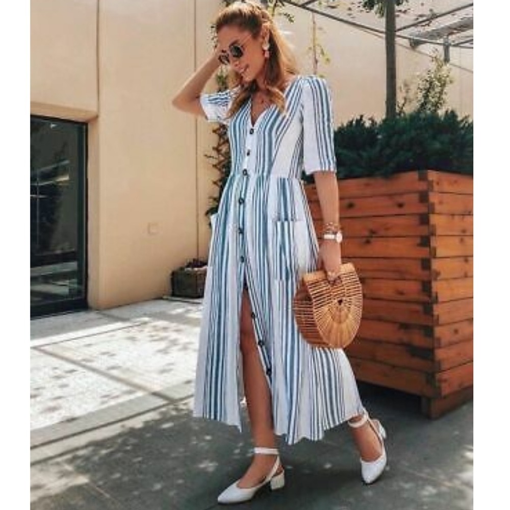 Zara Trf Patched Pocket Striped Midi Dress